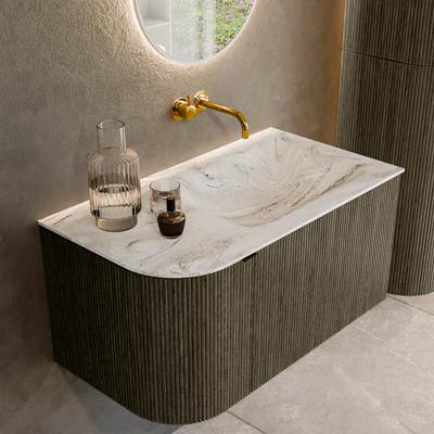 Badmeubel Mondiaz Kurve-Dlux | 85 cm cm | Meubelkleur Shadow | Wastafelkleur Glace | Solid surface | Wasbak rechter zijde spoelbak | Zonder kraangat(en)