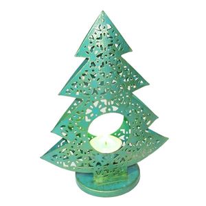 Metalen Theelichthouder Kerstboom Turquoise/Goudkleurig Large