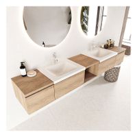 Mondiaz Bukla 240cm badmeubel met open module 40 midden kleur washed oak 4 lades wastafel dubbel 2 kraangaten kleur talc