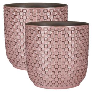 Bloempot - 2x - roze - patroon - D19 en H17.5 cm - keramiek - plantenpot