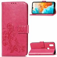 Lucky Clover ingedrukt bloemen patroon lederen draagtas voor Huawei Y6 2019 met houder & kaartsleuven & portemonnee & hand strap (Rose rood)