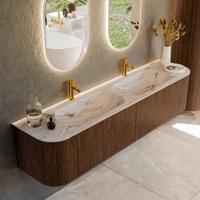 Badmeubel Mondiaz Kurve-Dlux | 190 cm | Meubelkleur Walnut | Wastafelkleur Nata | Solid surface | Wasbak beide zijden spoelbak | 2 kraangaten