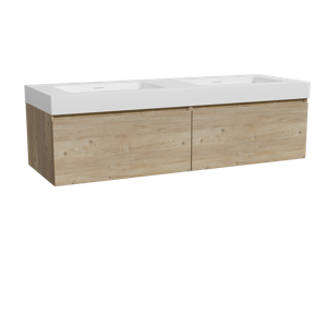 Storke Edge zwevend badmeubel 150 x 52 cm ruw eiken met Mata High dubbele wastafel in solid surface mat wit