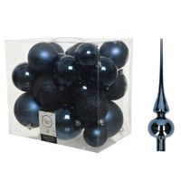 Kerstversiering kunststof kerstballen met piek donkerblauw 6-8-10 cm pakket van 27x stuks - thumbnail