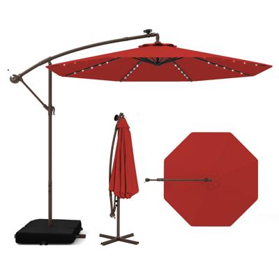 3 m Tuinparasol met Zandzakken Parasol met 32 LED-lichten UV-Bescherming Terrasparasol voor Tuin Zwembad Terras Wijnrood