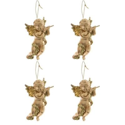 Decoris engel met dwarsfluit - 4x - goud - kunststof - 10 x 6 cm - kerstversiering - hangdecoratie