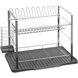 Luxe afdruiprek/afwasrek 2-laags met lekbak grijs 50 x 30,5 cm van kunststof
