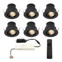 Set van 6 Medina LED Mini Inbouwspots met Trafo - 12 Volt 3 Watt 150 lumen - Dimbaar - Kantelbaar - Verzonken - Plat 35mm (Lage inbouwdiepte) - 2700K - IP44 waterdicht - Zwart