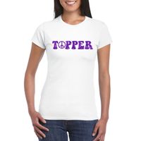 Wit Flower Power t-shirt Topper met paarse letters dames