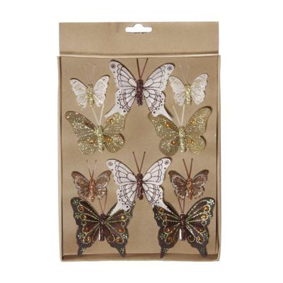 Decoratie vlinders - 10x st - op clip - bruin/goud - diverse maten