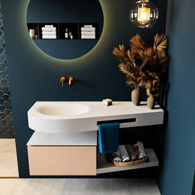 MONDIAZ RIVA 120cm badmeubel onderkast / planchet kleur Rosee met 1 lade. Wastafel DULCET links 0 kraangaten kleur Talc.