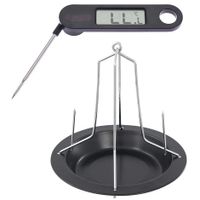 Stalen kippenspit/kiphouder met schotel zwart 20 x 18 cm met vleesthermometer