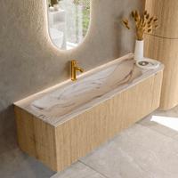 Badmeubel Mondiaz Kurve-Dlux | 145 cm | Meubelkleur Oak | Wastafelkleur Nata | Solid surface | Wasbak linker zijde spoelbak | 1 kraangat