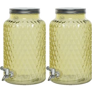 2x drankdispenser/limonadetap met kraantje - glas - 5,5L - geel