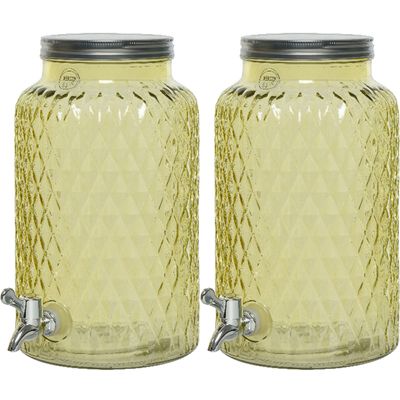 2x drankdispenser/limonadetap met kraantje - glas - 5,5L - geel