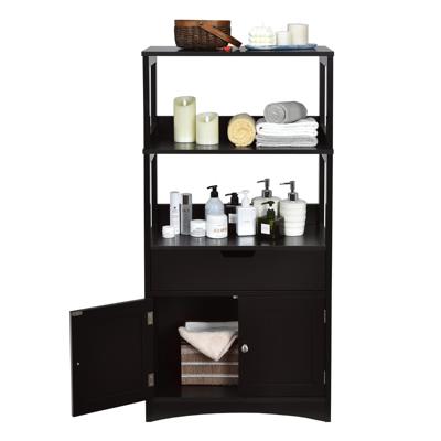 Vrijstaande Badkamerkast Hoge Kast voor Badkamer met 2 Deuren en 3 Open Planken en Laden Moderne Multifunctionele Kast (Zwart)