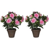 2x Groene Azalea kunstplanten roze bloemen 27 cm in pot   -