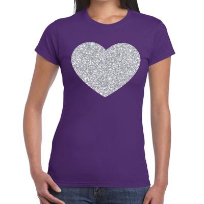 Feestkleding verkleedkleding t-shirt - met zilveren hartje - paars - voor dames - Glitter