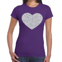 Feestkleding verkleedkleding t-shirt - met zilveren hartje - paars - voor dames - Glitter