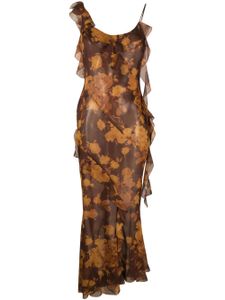 Alessandra Rich robe longue en soie à fleurs - Marron