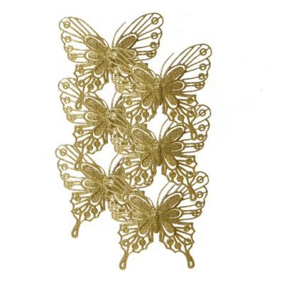 Kerstboom decoratie vlinders op clip - 6x - goud - 13 cm - glitter
