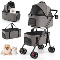 Opvouwbare Dubbele Dierenwagen met 2 Afneembare Transportboxen Autostoeltjes Reiswagen voor Kleine Honden en Katten 4 Vergrendelbare Terreinwielen Waterdichte Hoes-Grijs