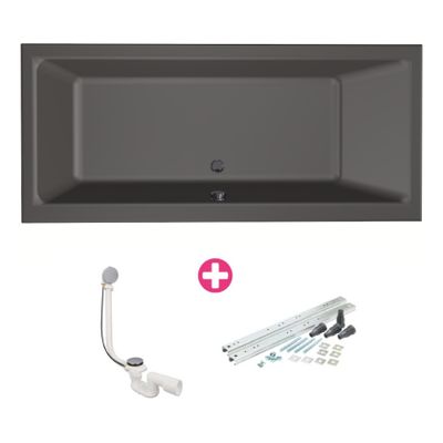 Ligbad Xenz Kristal | Inbouw | 180x80 cm | Incl.Badafvoer | Met overloop | Acryl | Antraciet mat