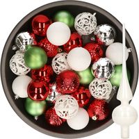 37x stuks kunststof kerstballen 6 cm incl. glazen piek wit-rood-zilver-groen - thumbnail