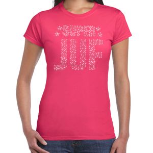 Glitter Super Juf t-shirt roze rhinestones steentjes voor dames - Glitter cadeau shirt/ outfit