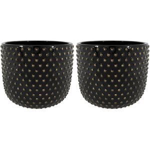 Plantenpot/bloempot Luxery Spike - 2x - keramiek - zwart - Bolletjes motief - D24 x H21 cm