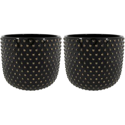 Plantenpot/bloempot Luxery Spike - 2x - keramiek - zwart - Bolletjes motief - D24 x H21 cm