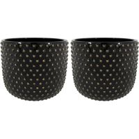 Plantenpot/bloempot Luxery Spike - 2x - keramiek - zwart - Bolletjes motief - D24 x H21 cm