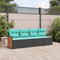 4-delige tuinbankset met kussens, zwart polyrotan