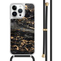 iPhone 14 Pro Max hoesje met zwart koord - Marmer grijs brons