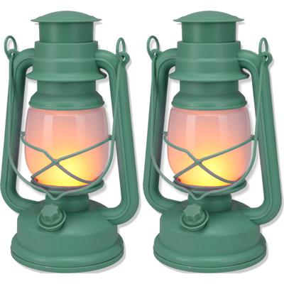 Stormlantaarn - 2x - batterijen - groen - 15 x 12 x 25 cm - tuinverlichting