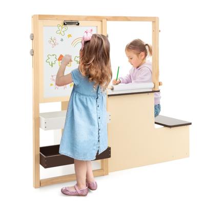 2-In-1 Houten Kinderbureau met Bankje Dubbelzijdig Verstelbaar Kinderbord met Papierrol & 5 Krijtjes Magnetische Ezel voor Kinderen 3+