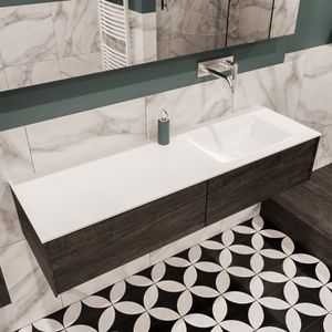 Mondiaz Lush Cloud badmeubel eiken donker bruin 150 cm 2 lades solid surface enkele spoelbak rechts zonder kraangat