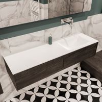Mondiaz Lush Cloud badmeubel eiken donker bruin 150 cm 2 lades solid surface enkele spoelbak rechts zonder kraangat