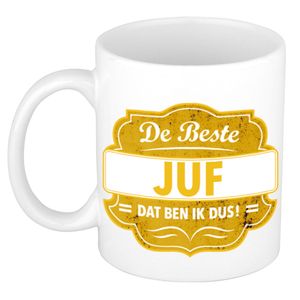 De beste juf cadeau koffiemok / theebeker geel embleem 300 ml