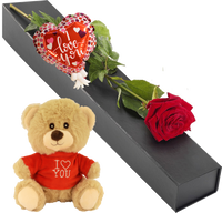 Luxe zwarte geschenkdoos met rode roos met hartjes ballon + knuffelbeertje i love you met rood shirt