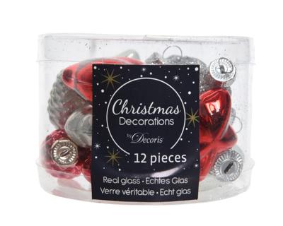 Figuur glas l2bh4 cm wit/rood 12st kerst - Decoris