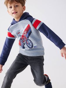 Jongenssweater met capuchon, grafisch motief en raglanmouwen nachtblauw