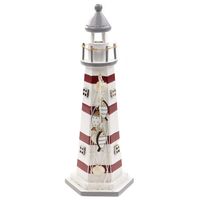 Vuurtoren beeldje met LED licht - Hout - 9 x 22 cm - wit/rood - Maritieme decoraties binnen