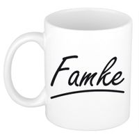 Naam cadeau mok / beker Famke met sierlijke letters 300 ml - thumbnail