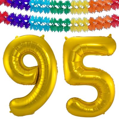 Grote folie ballonnen cijfer 95 in het goud 86 cm en 2x feestslingers Grote folie ballonnen cijfer 95 in het goud 86 cm en 2x feestslingers