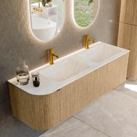 Badmeubel Mondiaz Kurve-Dlux | 145 cm | Meubelkleur Oak | Wastafelkleur Opalo | Solid surface | Dubbele spoelbak | 2 kraangaten Badmeubel Mondiaz Kurve-Dlux | 145 cm | Meubelkleur Oak | Wastafelkleur Opalo | Solid surface | Dubbele spoelbak | 2 kraangaten