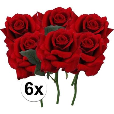 Kunstbloem Roos de luxe - 6x - rood - 30 cm - kunststof steel - decoratie bloemen