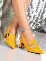 Fashionable Rhinestone Buckle Embossed Glitter Chunky Heel Pumps - thumbnail