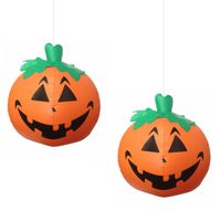 Halloween LED pompoen - 2x - oranje - opblaasbaar - ophangbaar - 24 cm - Opblaasfiguren - thumbnail