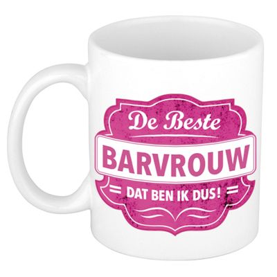 De beste barvrouw dat ben ik cadeau mok / beker wit met roze embleem 300 ml